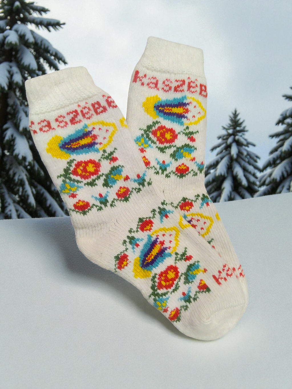 Women Polish Folk Art KASZEBE Wool Socks, White