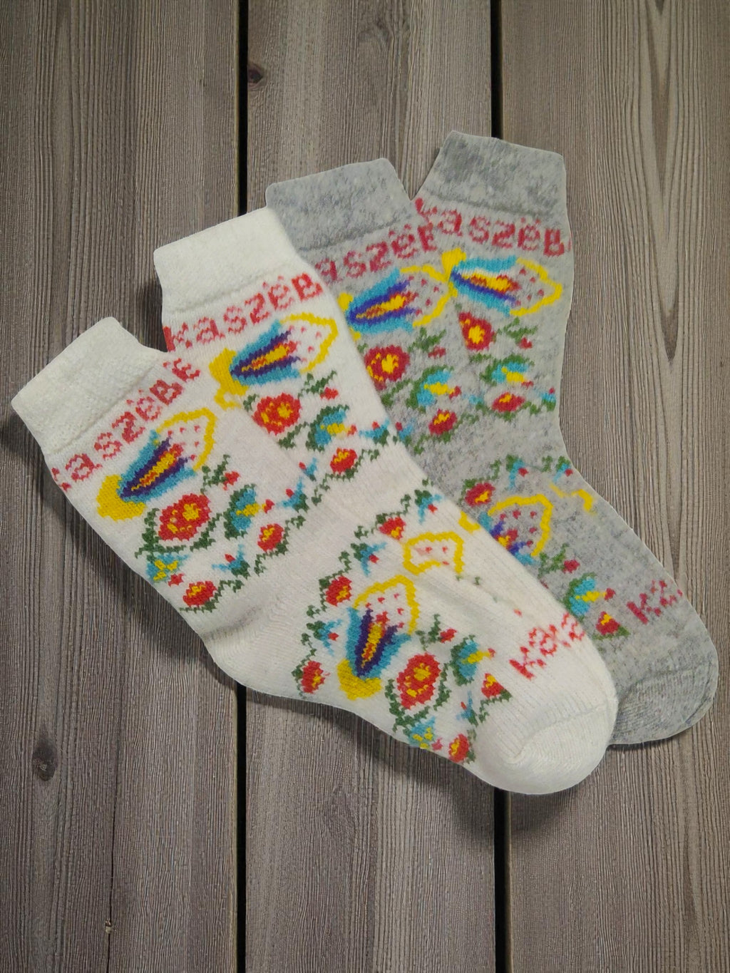 Women Polish Folk Art KASZEBE Wool Socks, Grey