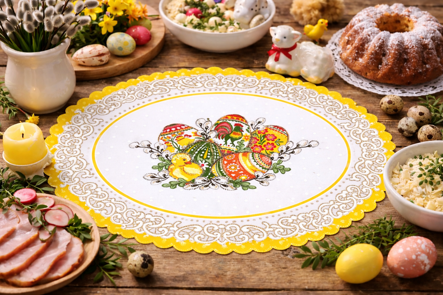 Polish Folk Easter Eggs with Chicks & Rooster Oval Doily 18.5"x12.5" (Yellow)