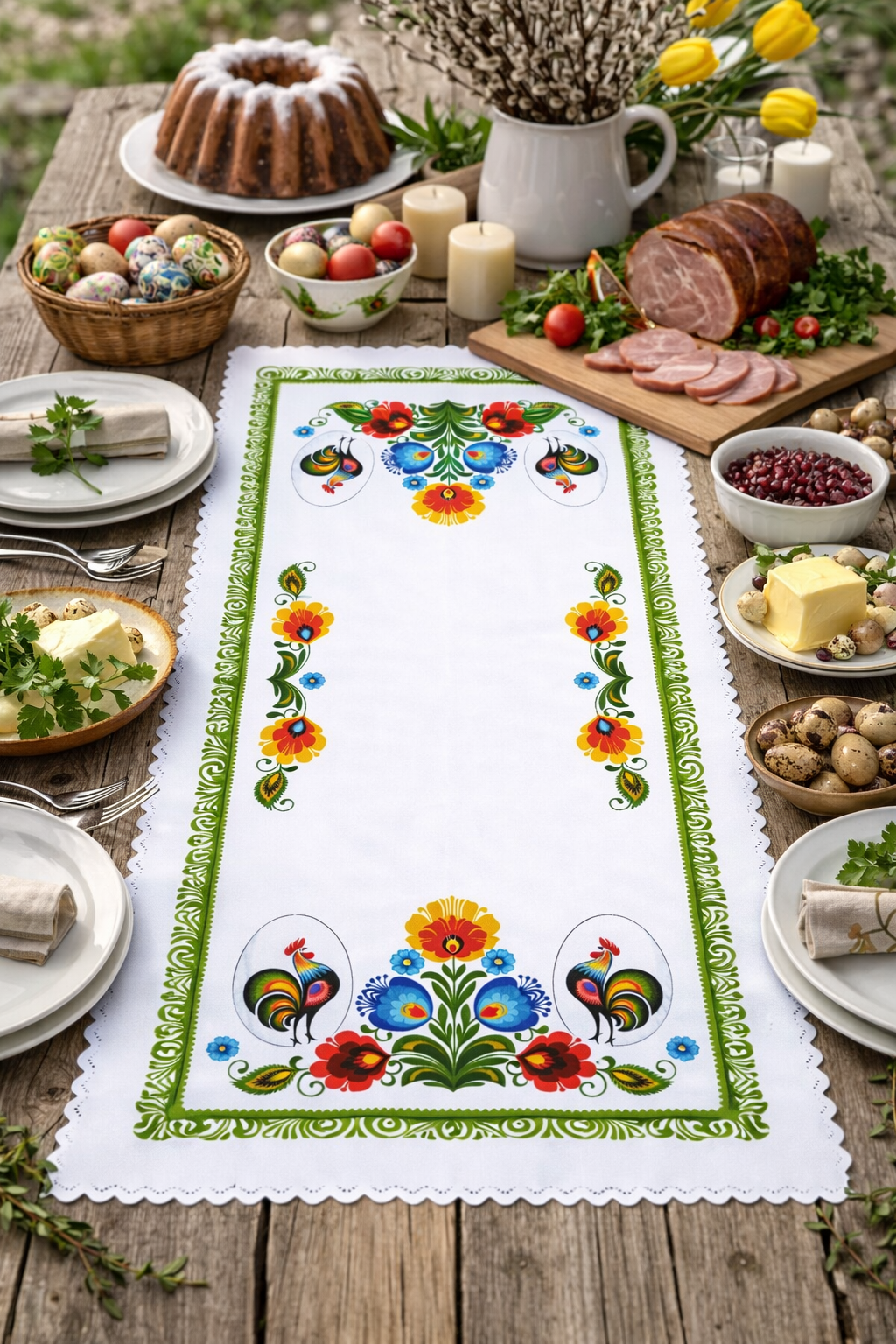 Polish Traditional Rooster Folk Art Table Runner Linen Topper 37.4" x 17.7"