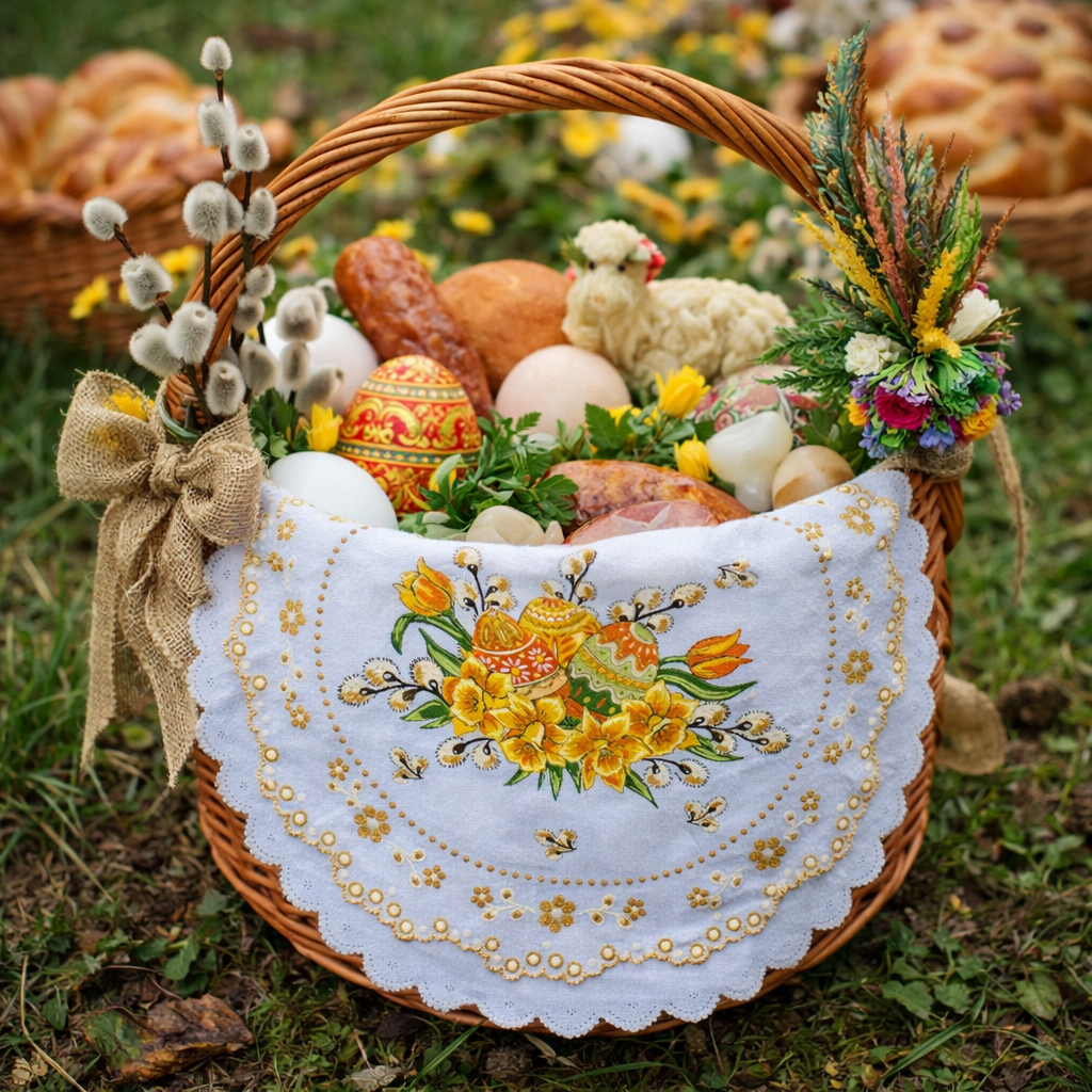 Polish Traditional Easter Eggs with Pussy Willows Round Doily 13.5"x13.5" (White)