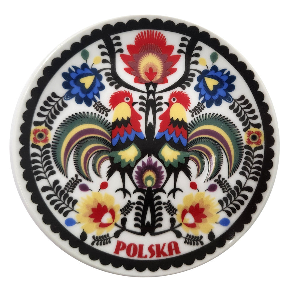 Polish Folk Art Roosters Ceramic Polska Decorative Plate, 5"