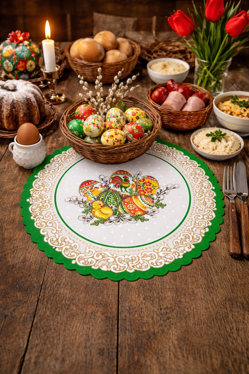 Polish Folk Easter Eggs with Chicks & Rooster Round Doily 13.5"x13.5" (Green)