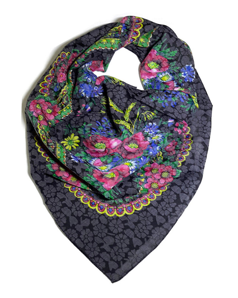 Traditional Polish Ukrainian Folk Cotton Head Scarf - Floral Black