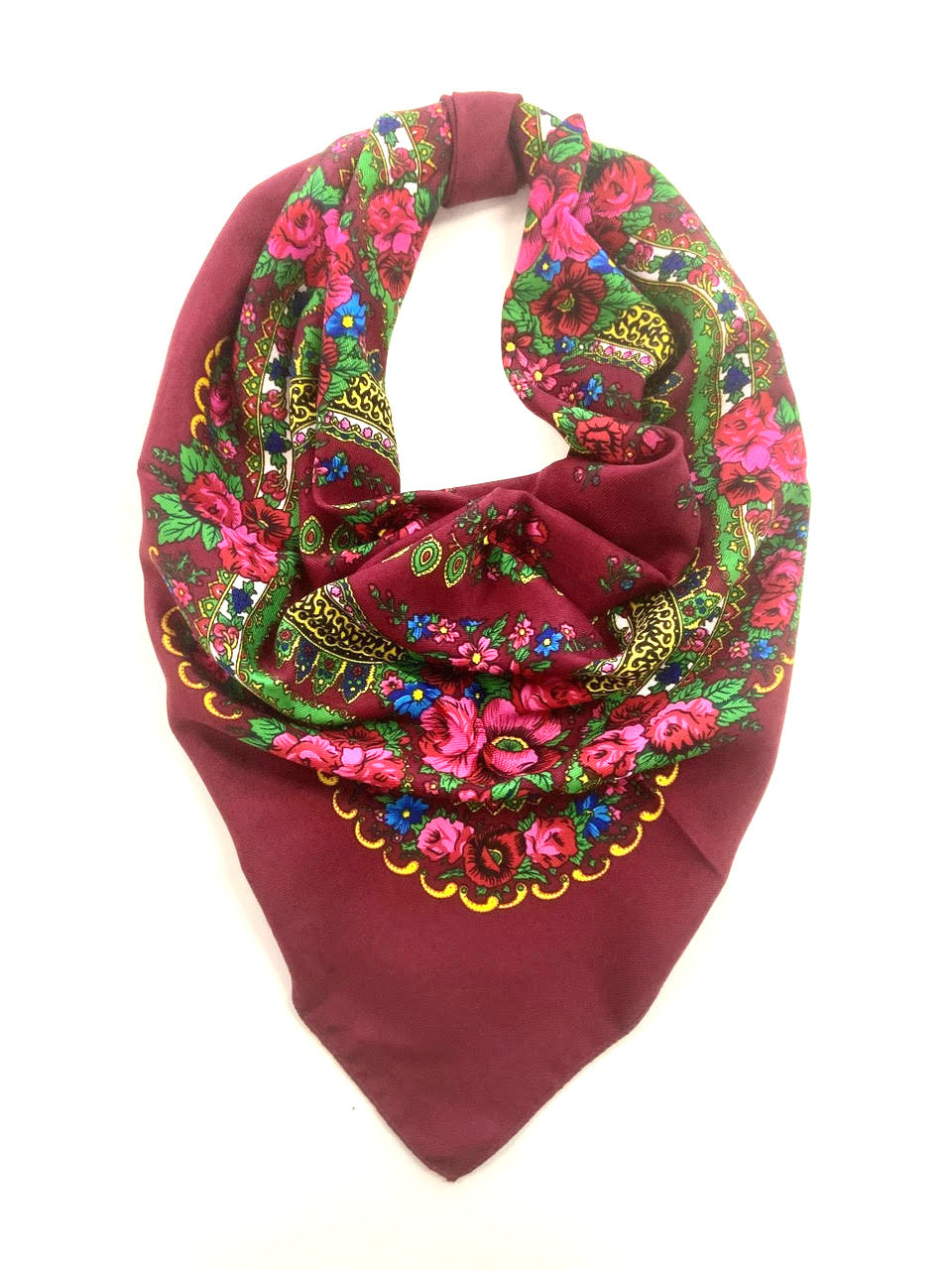 Traditional Polish Ukrainian Folk Cotton Head Scarf - Burgundy