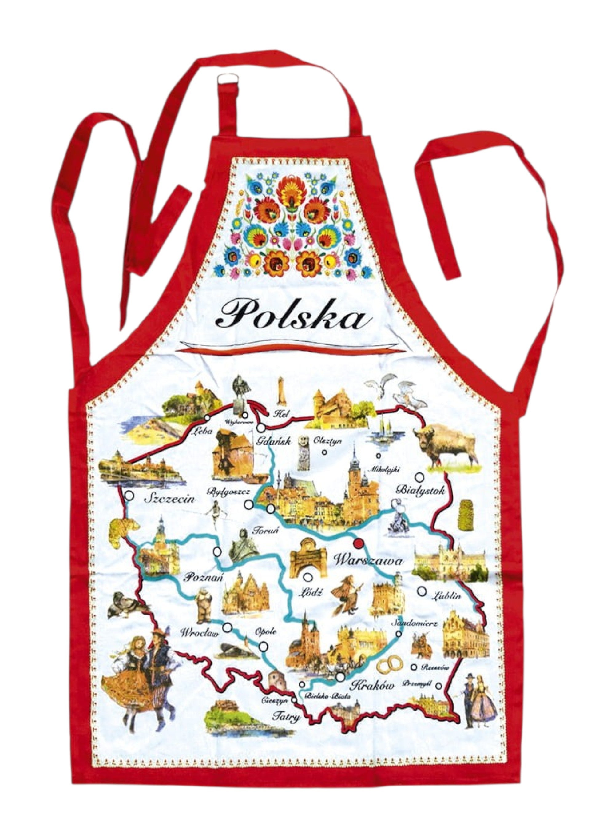 Polish Folk Art Kitchen Apron with Map of Poland