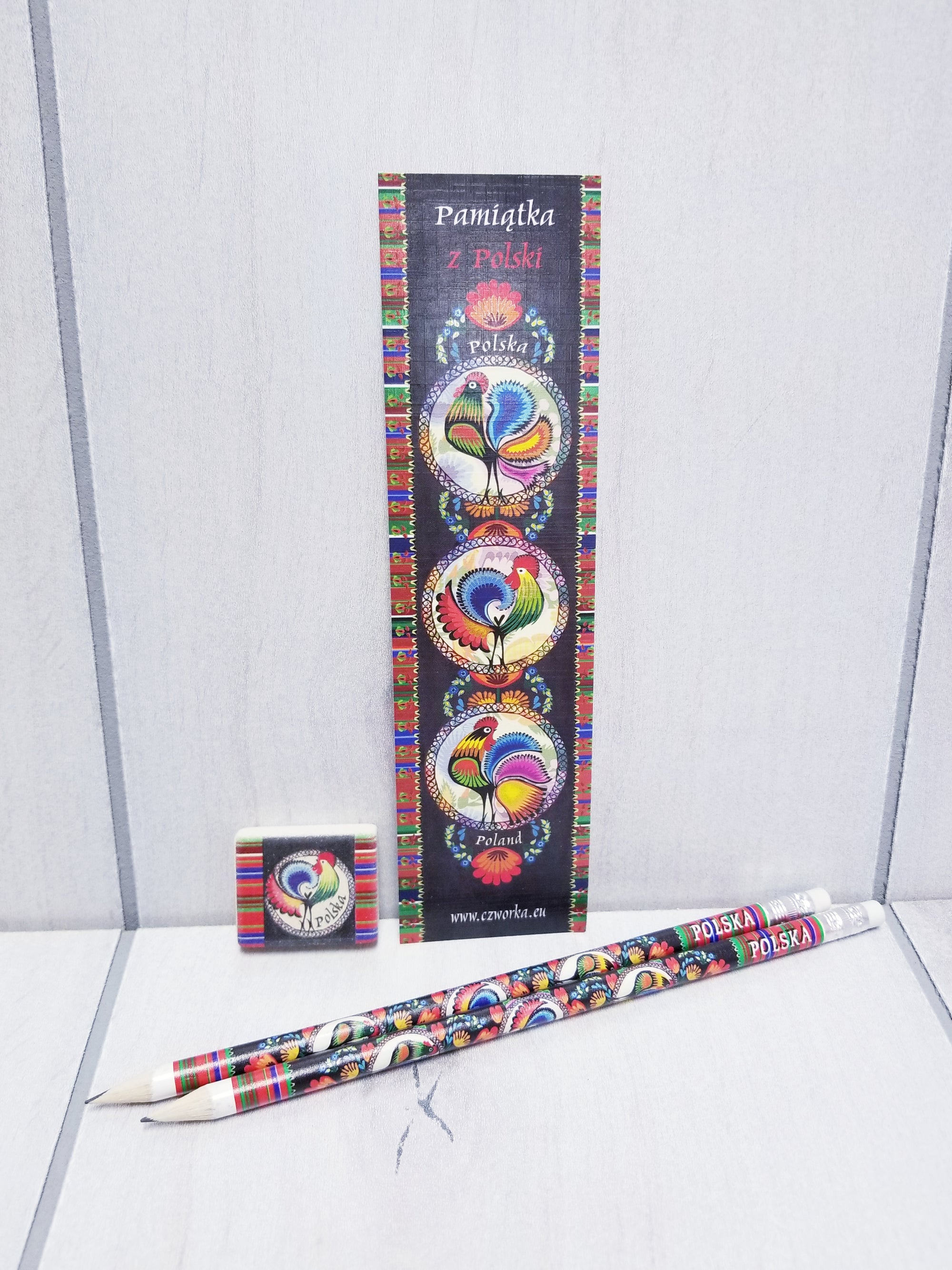 Polish Folk Art Bookmark, Eraser & 2 Pencils Set (Roosters)