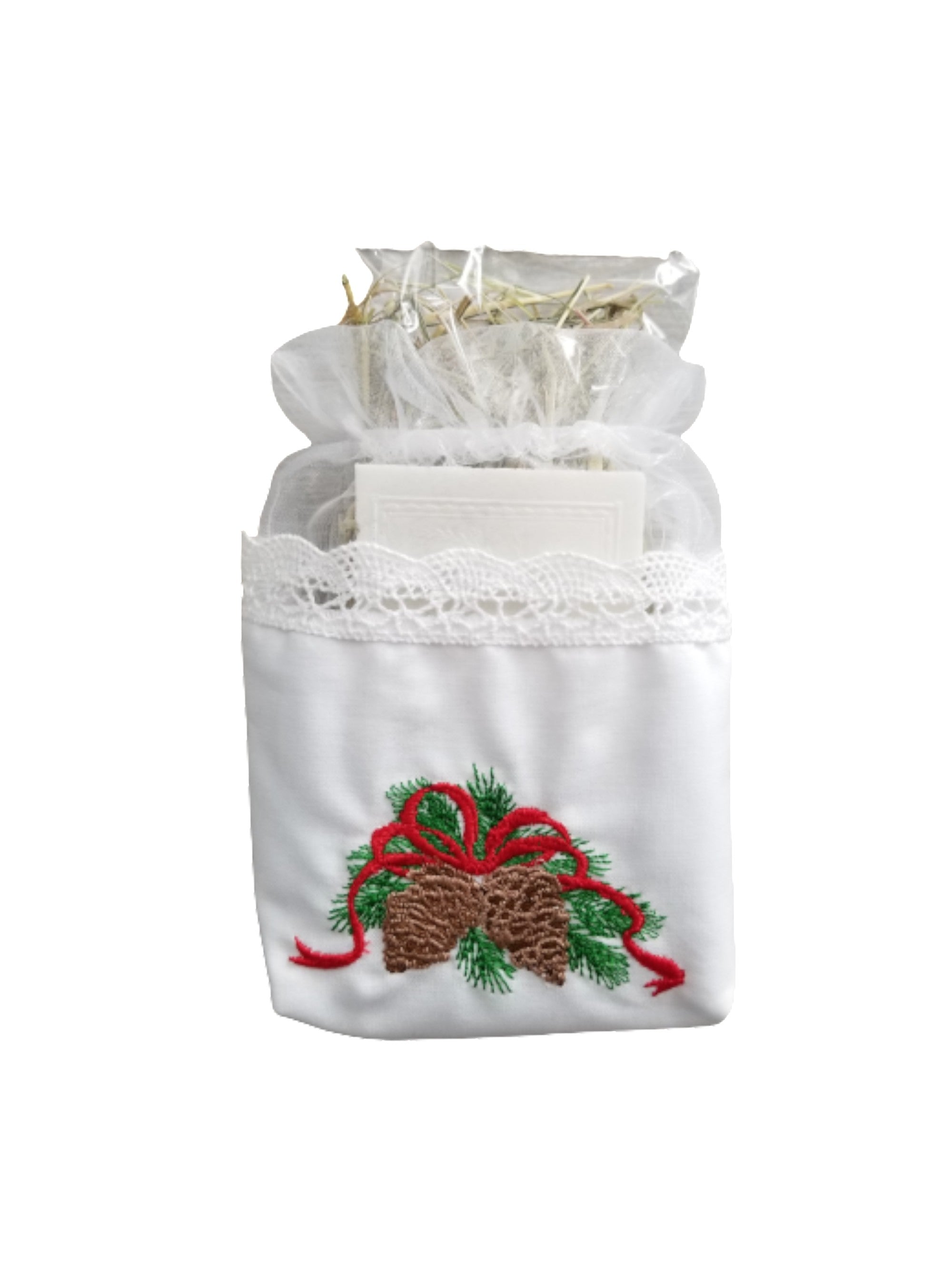 Traditional Polish Lace Pouch Holder with Christmas Wafer & Hay Set, Cone Embroidery