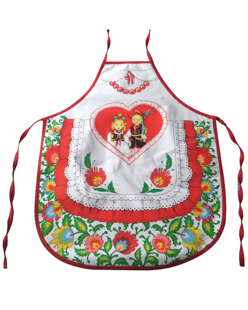 Polish Folk Art Lowicz Flowers Krakow Dancers Kids Kitchen Apron (White)
