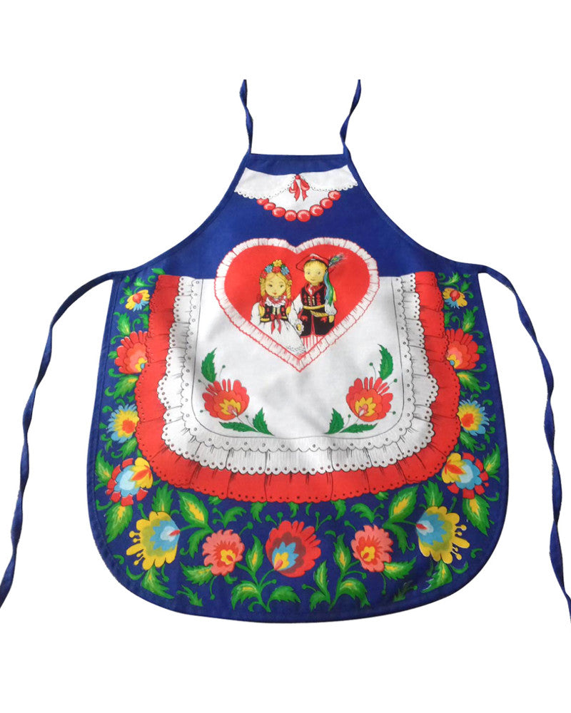 Polish Folk Art Lowicz Flowers Krakow Dancers Kids Kitchen Apron (Blue)