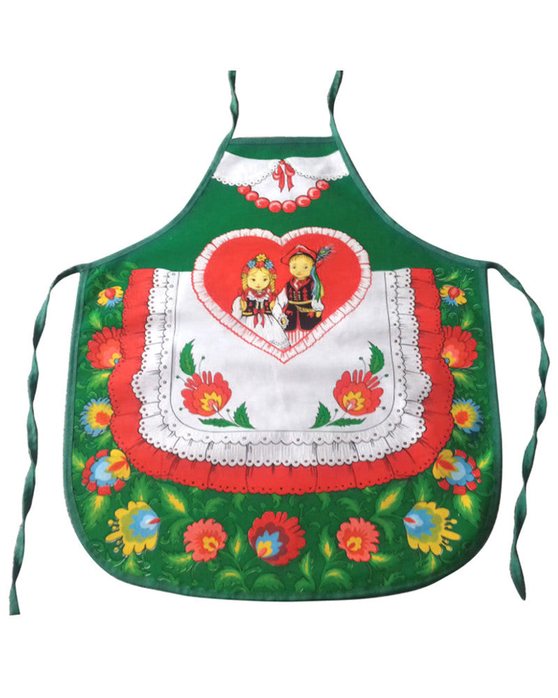 Polish Folk Art Lowicz Flowers Krakow Dancers Kids Kitchen Apron (Green)