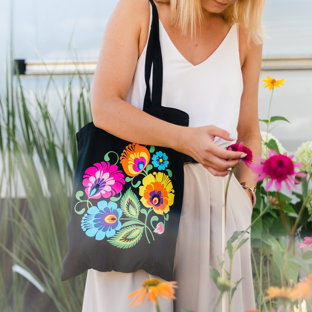 Polish Folk Art Floral Cotton Tote Bag (Black Lowicz)