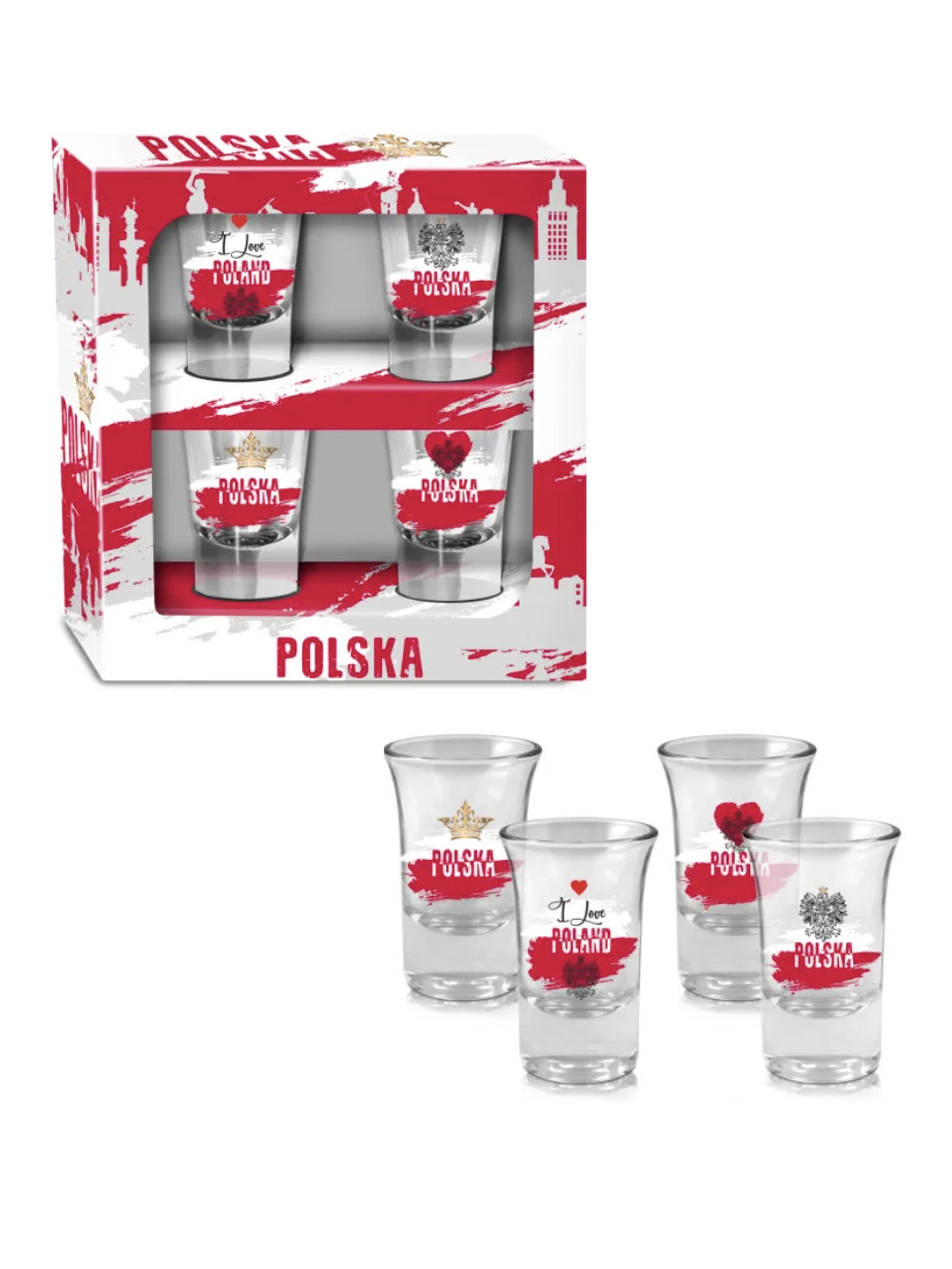 Polska Poland White/Red Eagle Shot Glasses, Set of 4