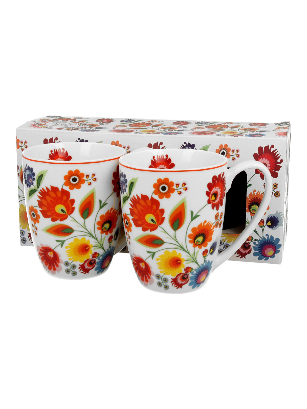 Set of 2 Polish Folk Art Porcelain Bullet Mugs, 380ml - Lowicz White