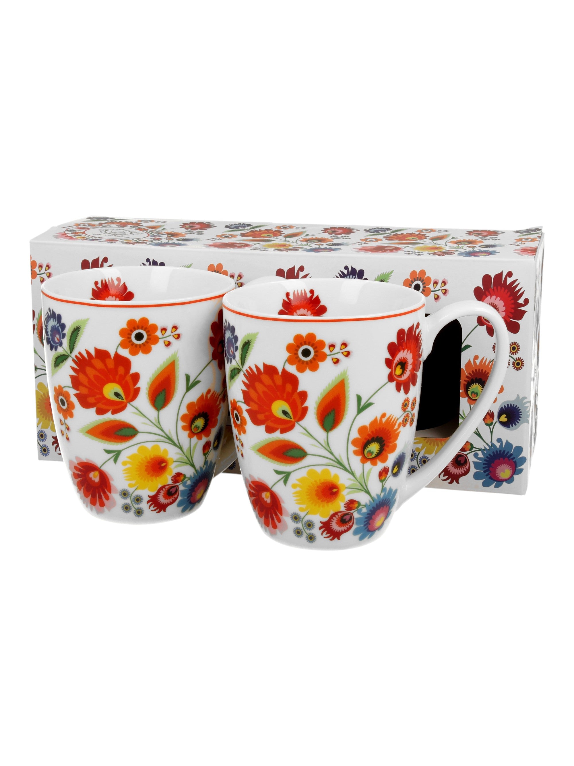 Set of 2 Polish Folk Art Porcelain Bullet Mugs, 380ml - Lowicz White