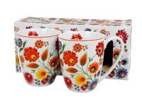 Set of 2 Polish Folk Art Porcelain Bullet Mugs, 380ml - Lowicz White