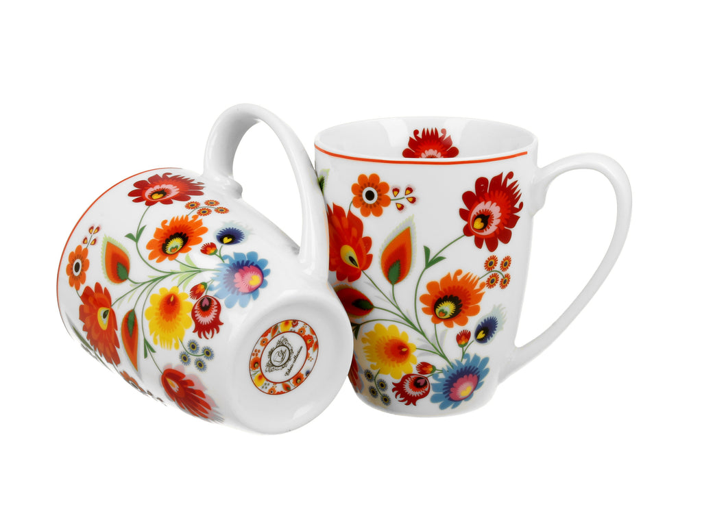 Set of 2 Polish Folk Art Porcelain Bullet Mugs, 380ml - Lowicz White