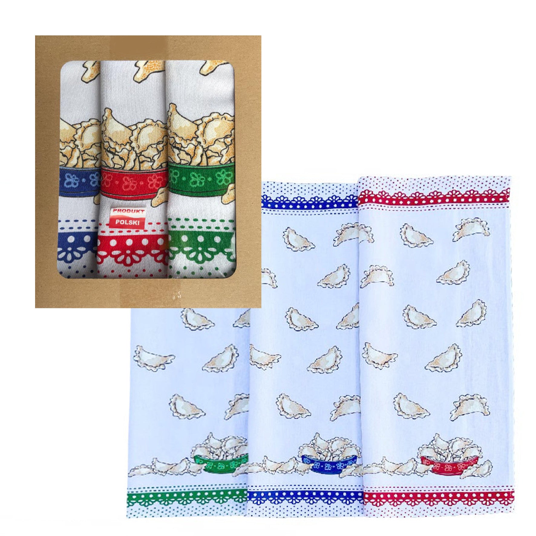 Polish Folk Art Set of 3 Kitchen Towels in Box (Pierogi)