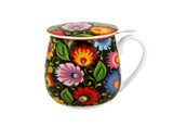 Polish Folk Art Porcelain Barrel Mug with Tea Infuser & Lid, 430ml - Lowicz Black