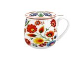 Polish Folk Art Porcelain Barrel Mug with Tea Infuser & Lid, 430ml - Lowicz White