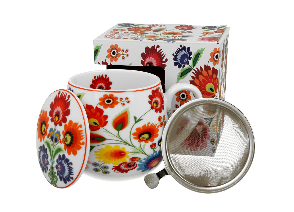 Polish Folk Art Porcelain Barrel Mug with Tea Infuser & Lid, 430ml - Lowicz White