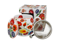 Polish Folk Art Porcelain Barrel Mug with Tea Infuser & Lid, 430ml - Lowicz White