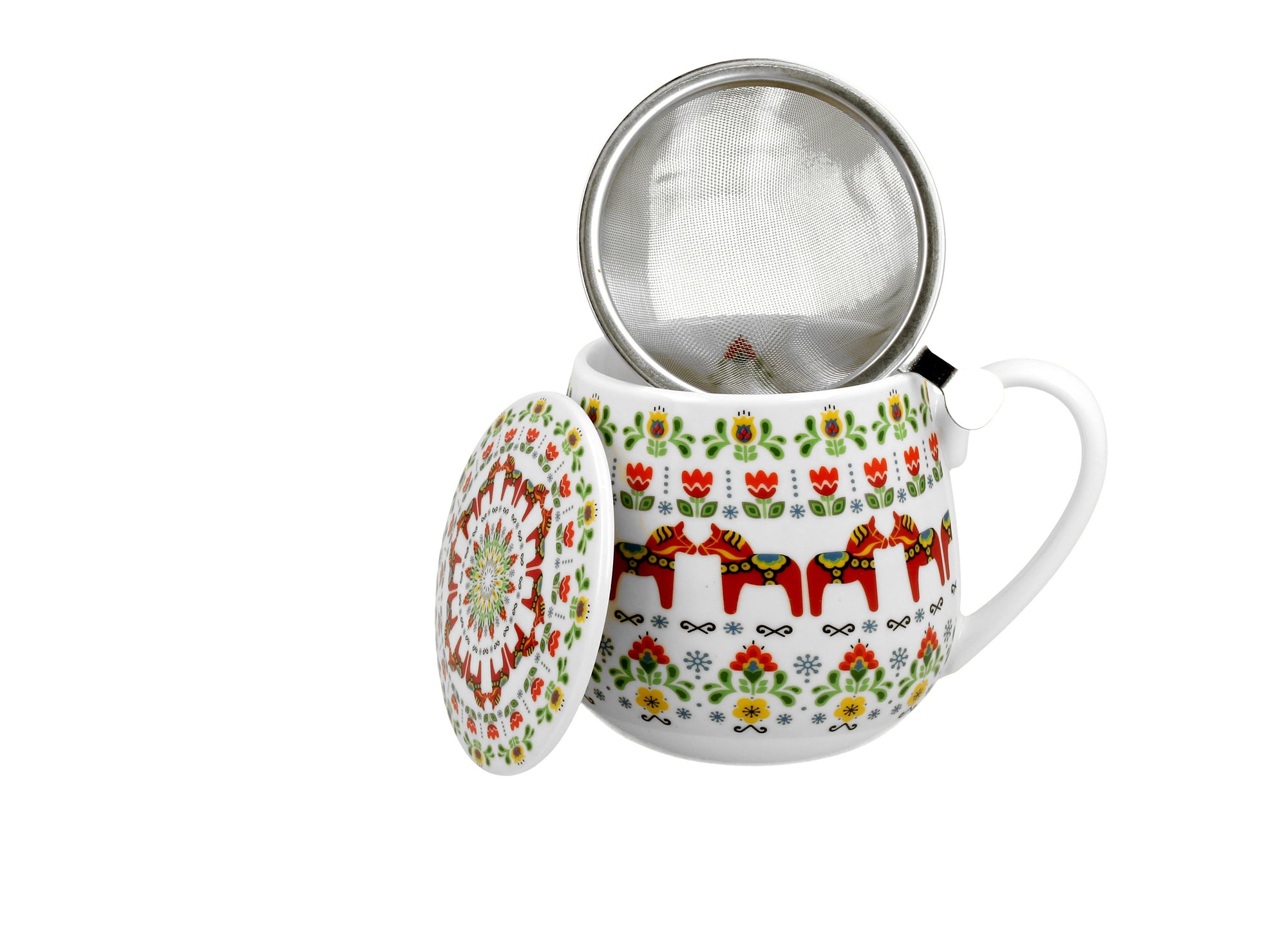 Polish Folk Art Porcelain Barrel Mug with Tea Infuser & Lid, 430ml - Scandinavian Horses