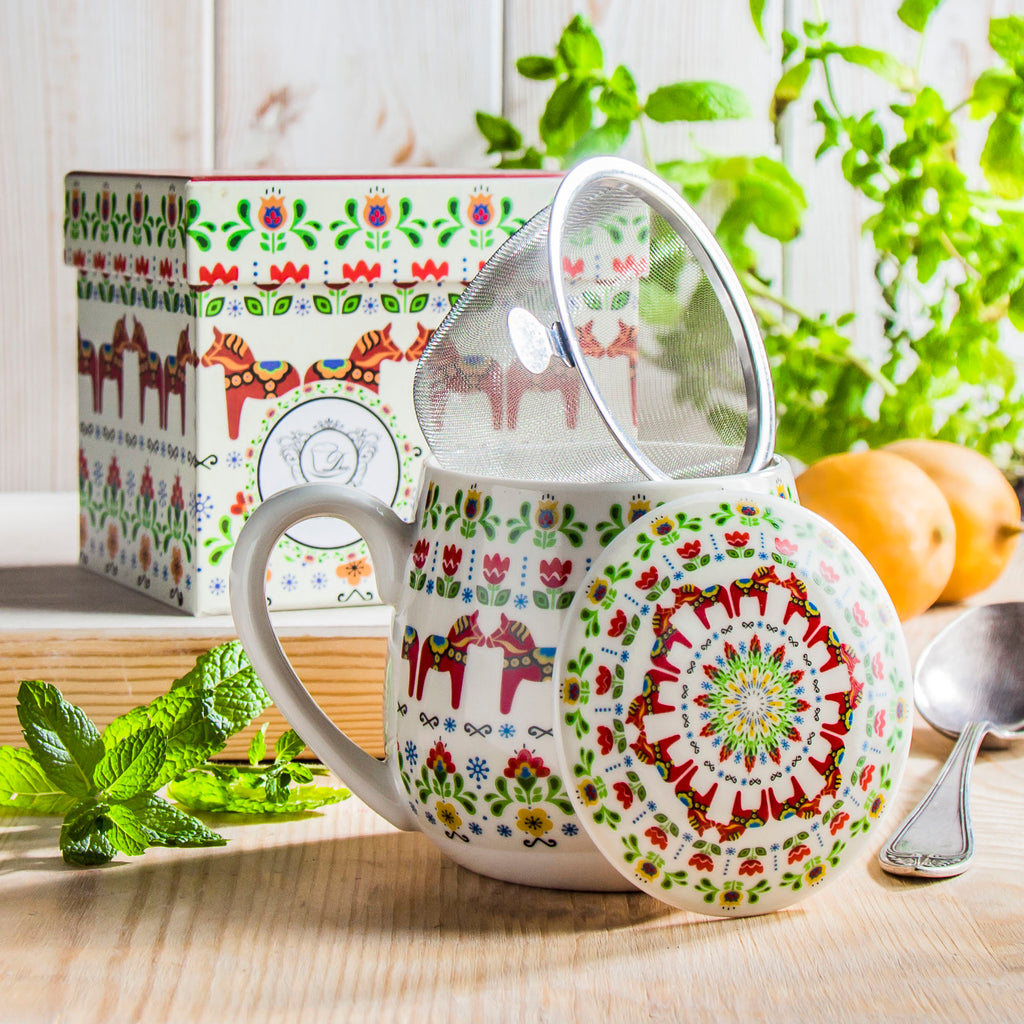 Polish Folk Art Porcelain Barrel Mug with Tea Infuser & Lid, 430ml - Scandinavian Horses