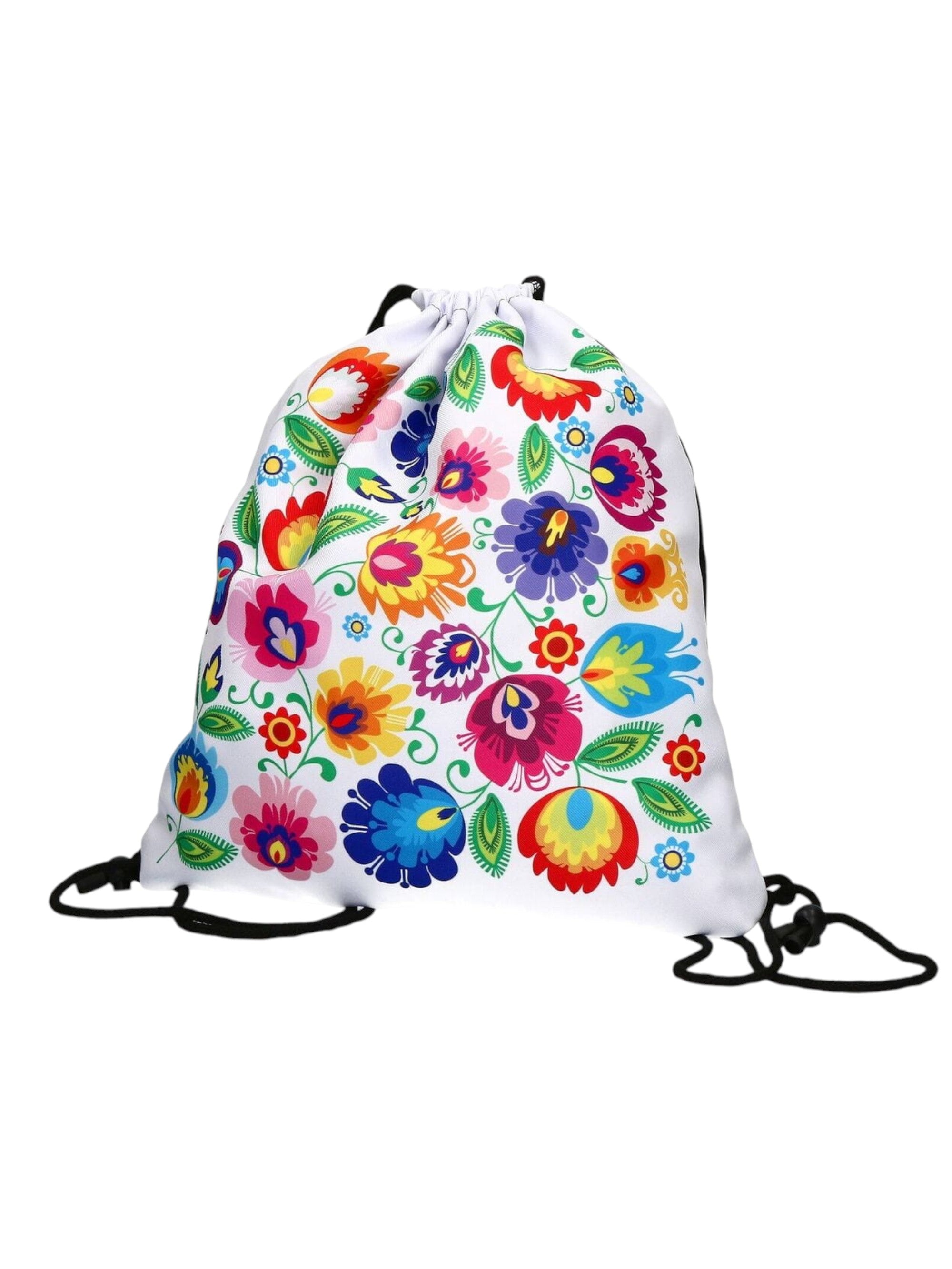 Polish Folk Art Floral Drawstring Sport Backpack, Lowicz White