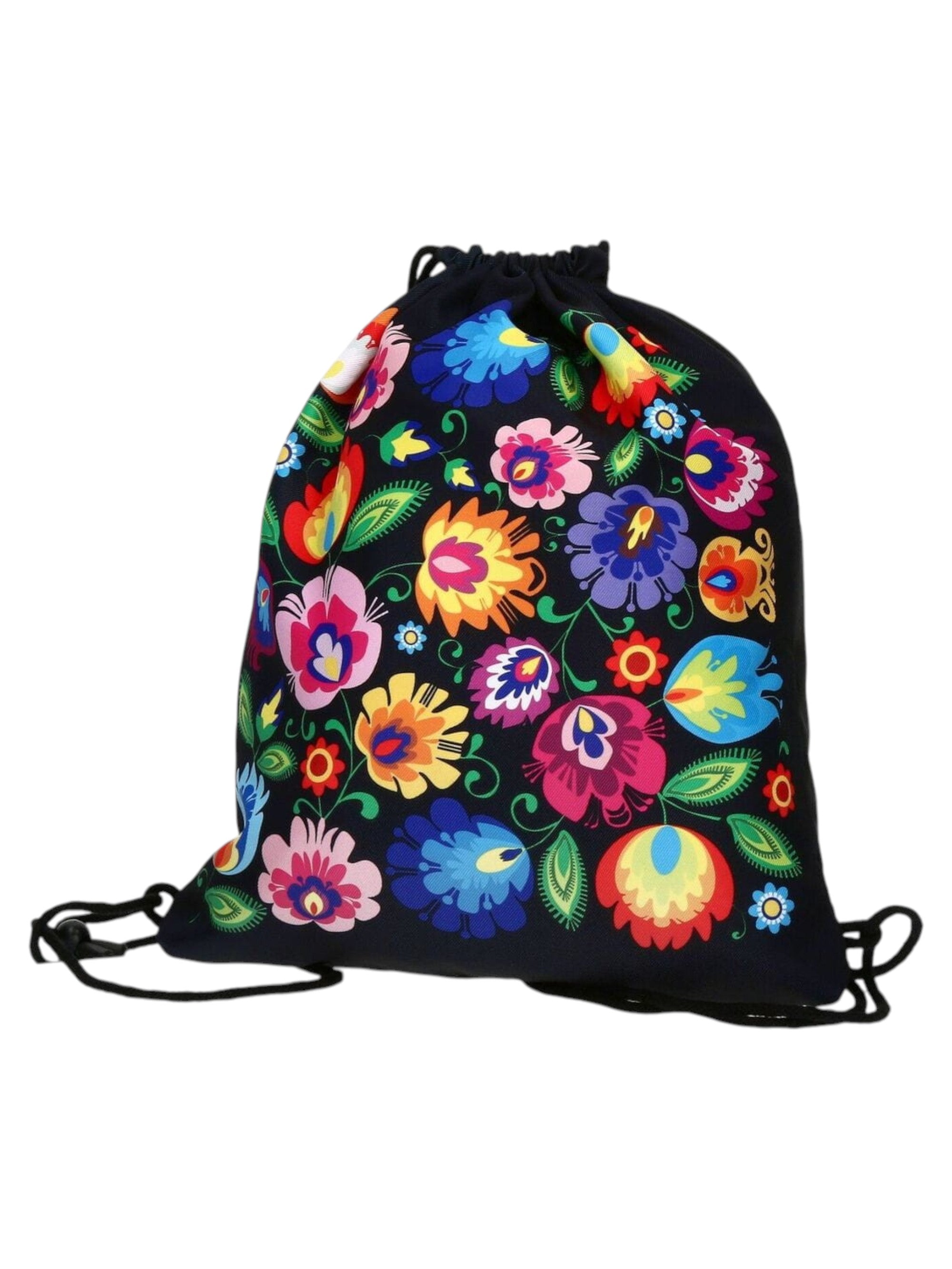 Polish Folk Art Floral Drawstring Sport Backpack, Lowicz Black