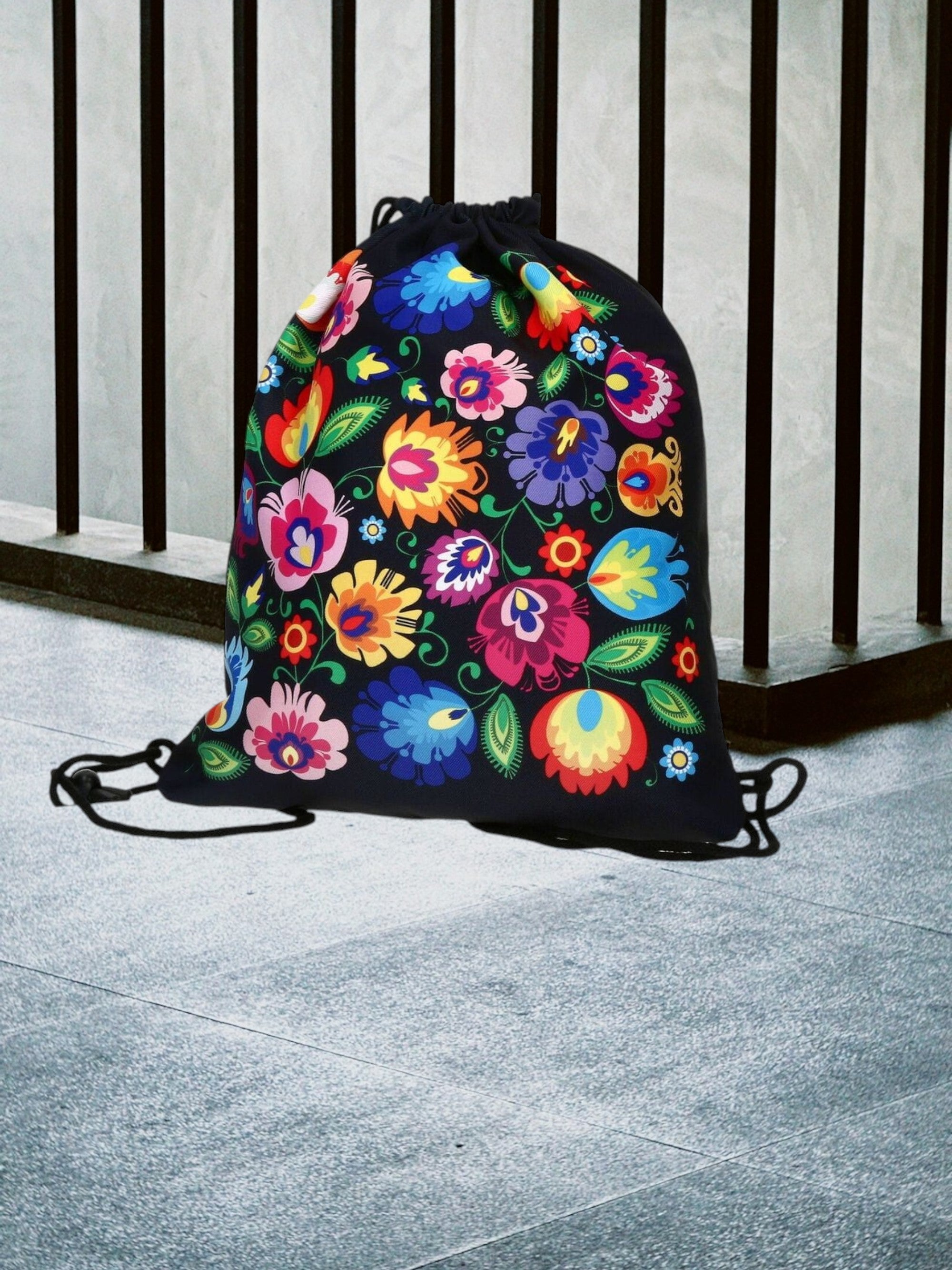 Polish Folk Art Floral Drawstring Sport Backpack, Lowicz Black