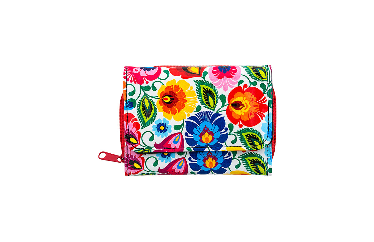 Women's Small Polish Folk Art Compact Bifold Pocket Wallet (White)