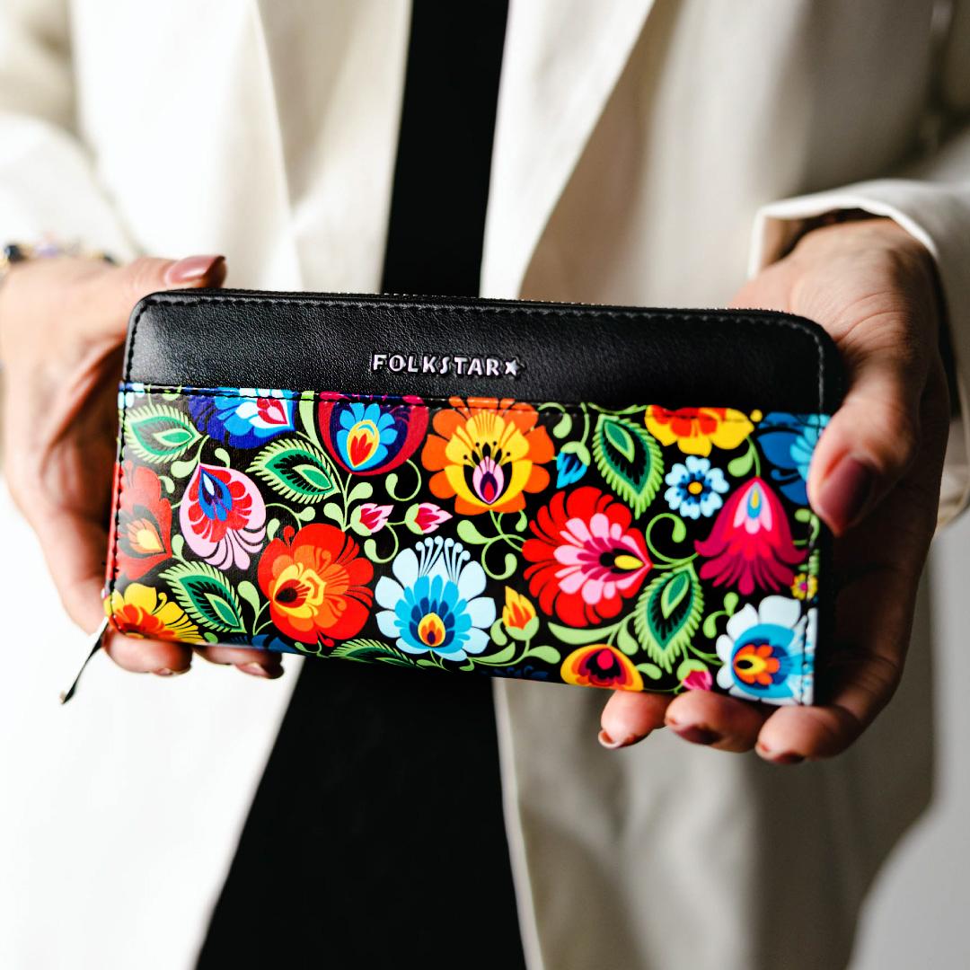Women's Large Polish Folk Art Zip Around Wallet, Black Lowicz