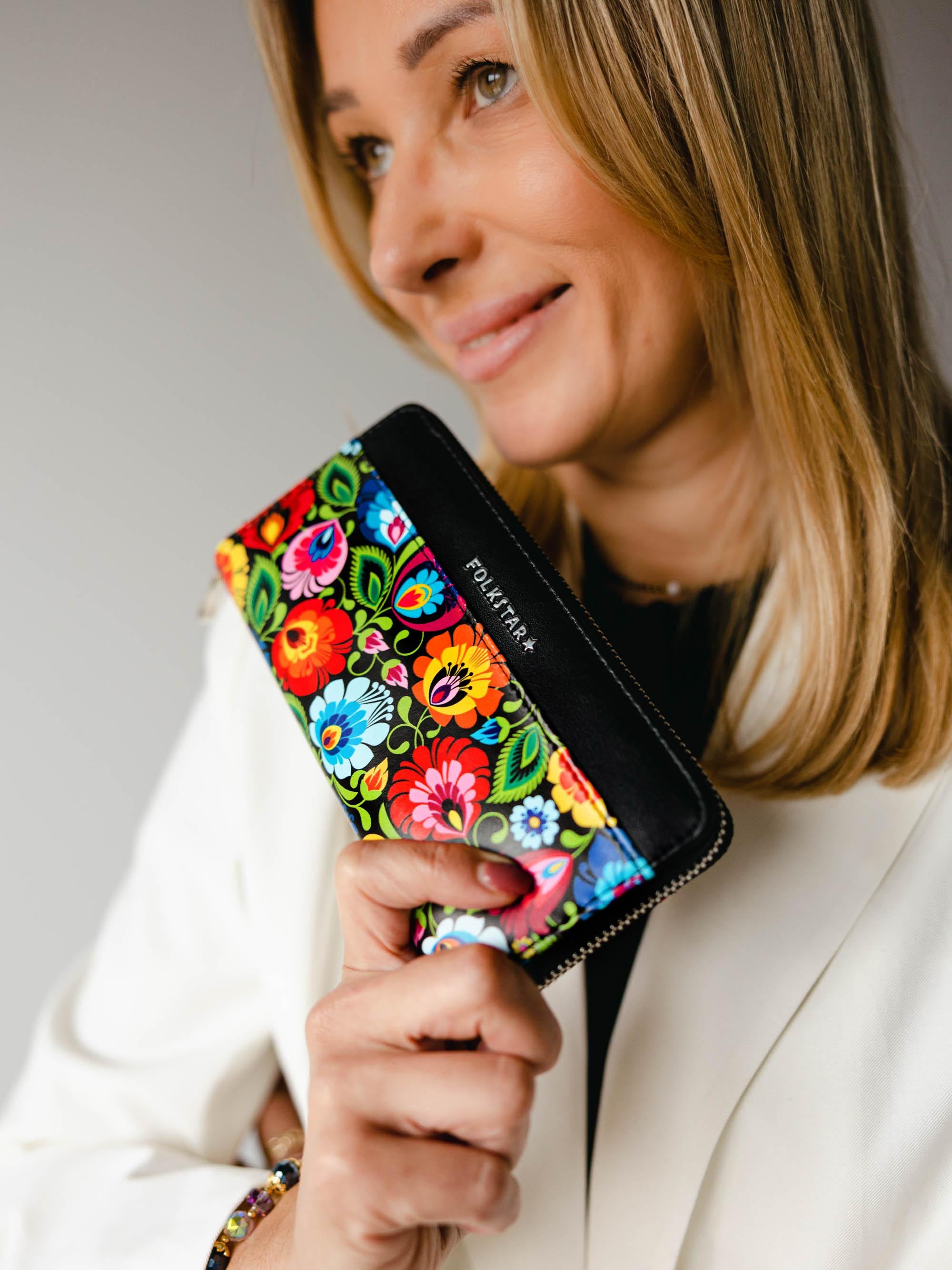 Women's Large Polish Folk Art Zip Around Wallet, Black Lowicz