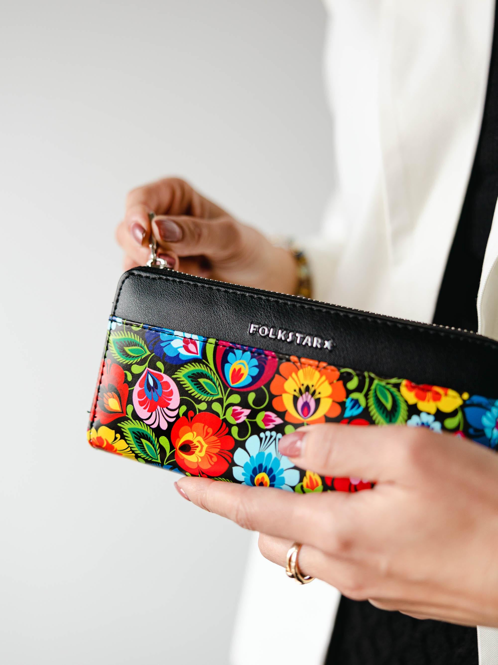 Women's Large Polish Folk Art Zip Around Wallet, Black Lowicz