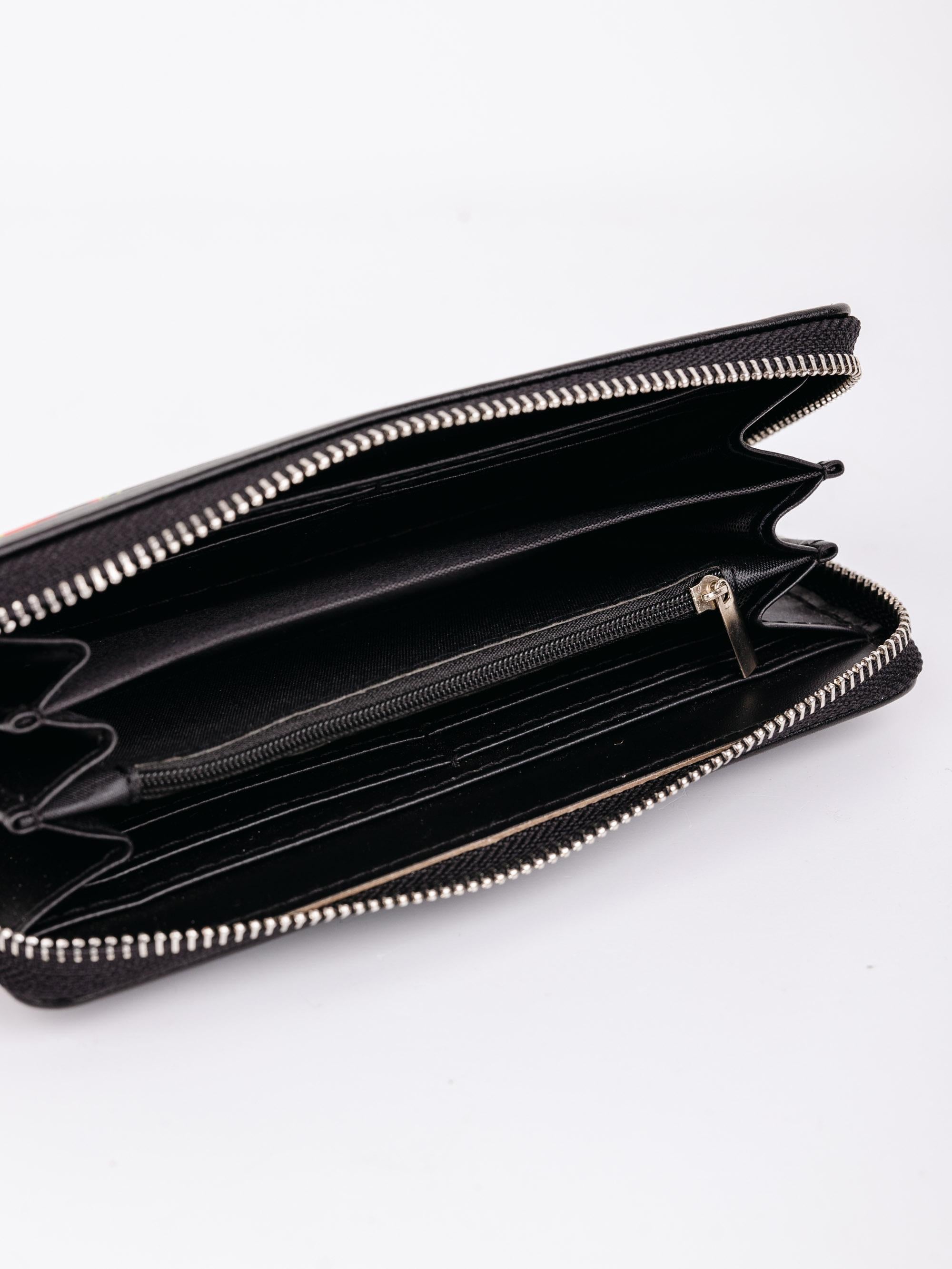Women's Large Polish Folk Art Zip Around Wallet, Black Lowicz