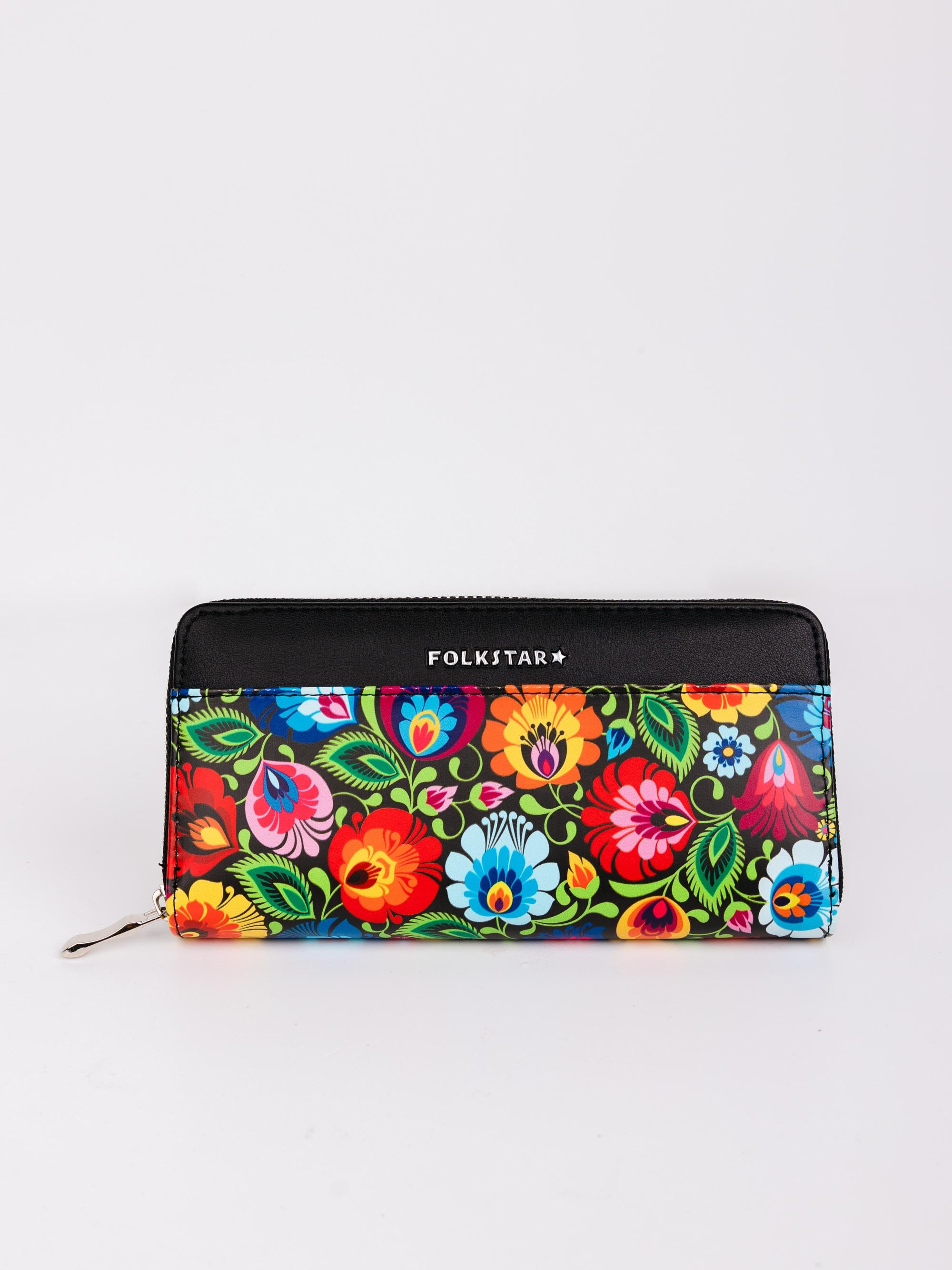 Women's Large Polish Folk Art Zip Around Wallet, Black Lowicz