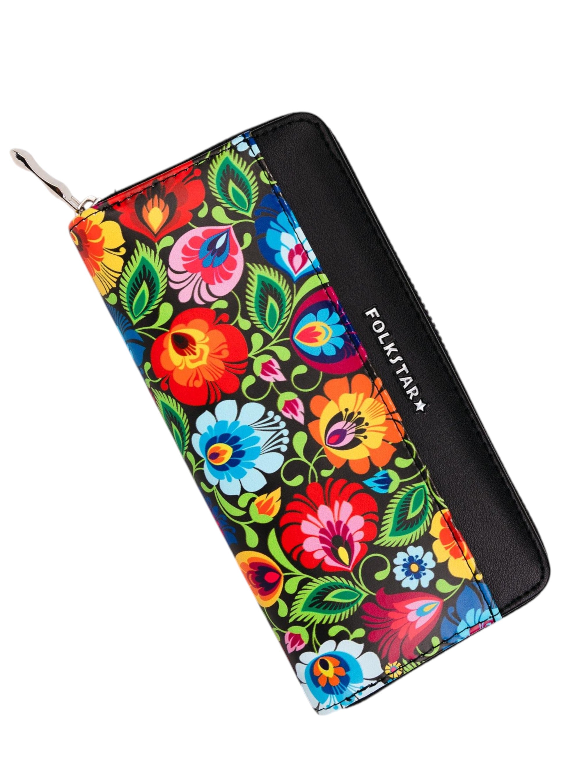Women's Large Polish Folk Art Zip Around Wallet, Black Lowicz