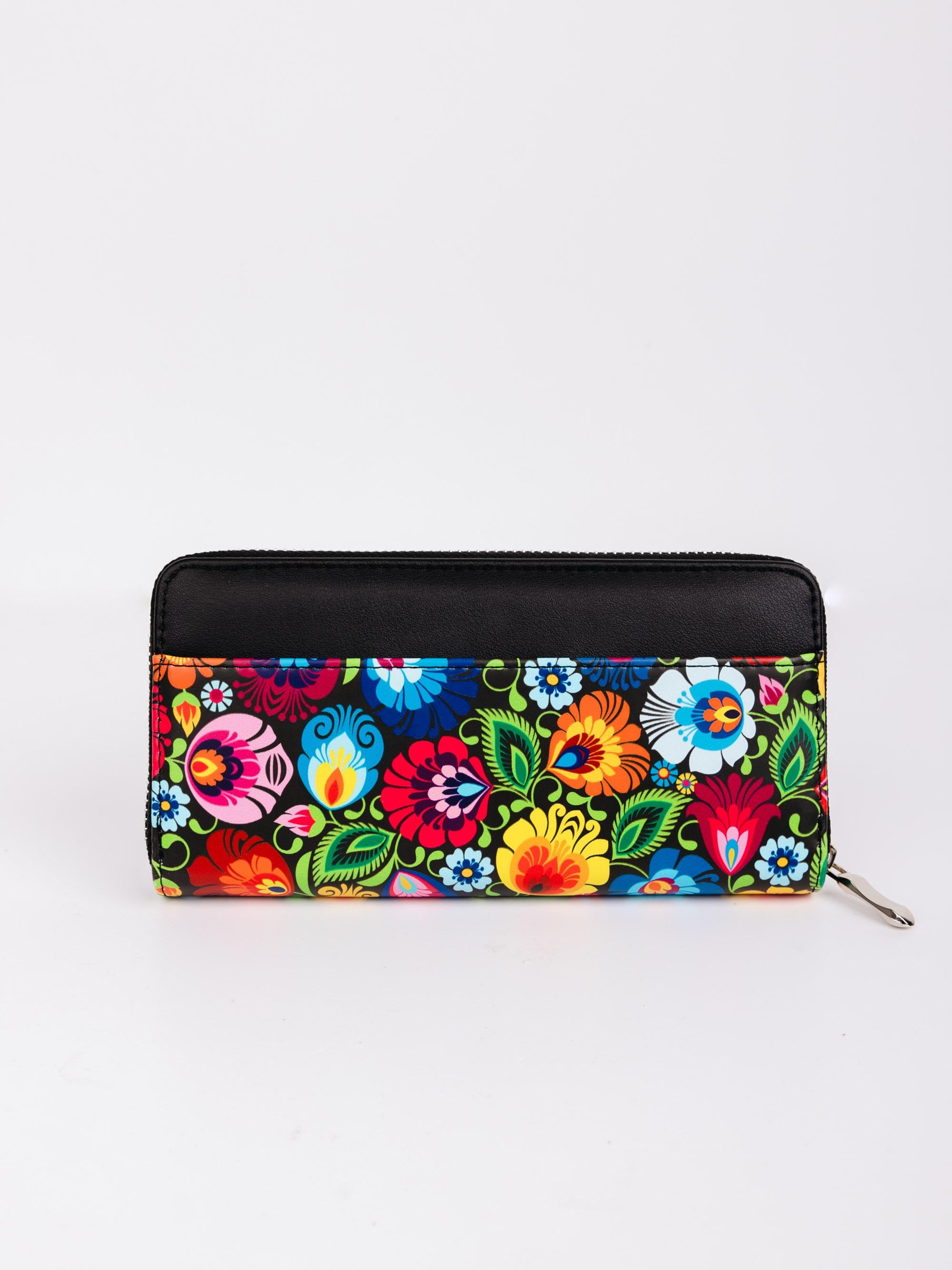 Women's Large Polish Folk Art Zip Around Wallet, Black Lowicz