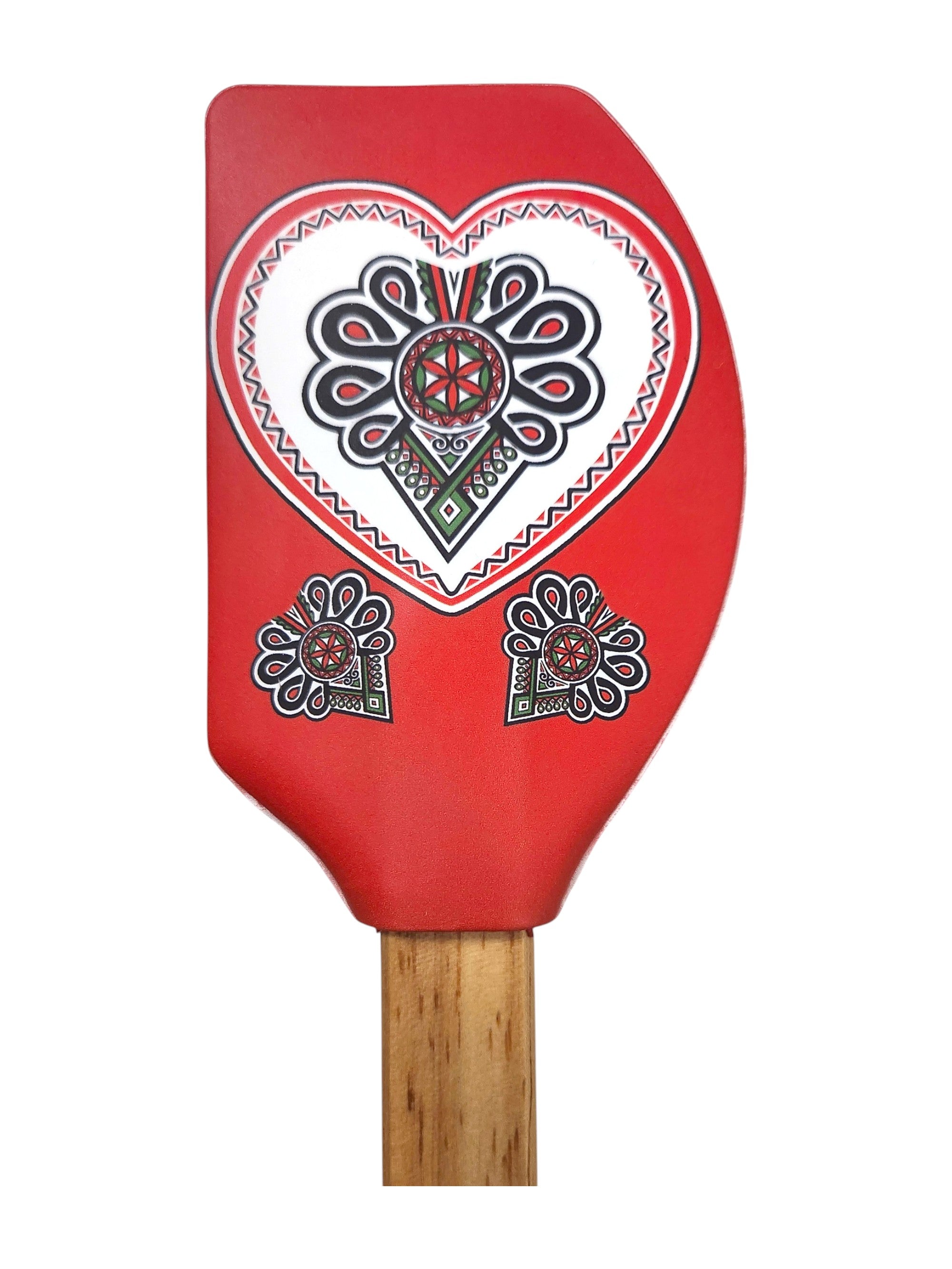 Polish Folk Art Highlander Non-Scratch Spatula with Wooden Handle, Parzenica Red