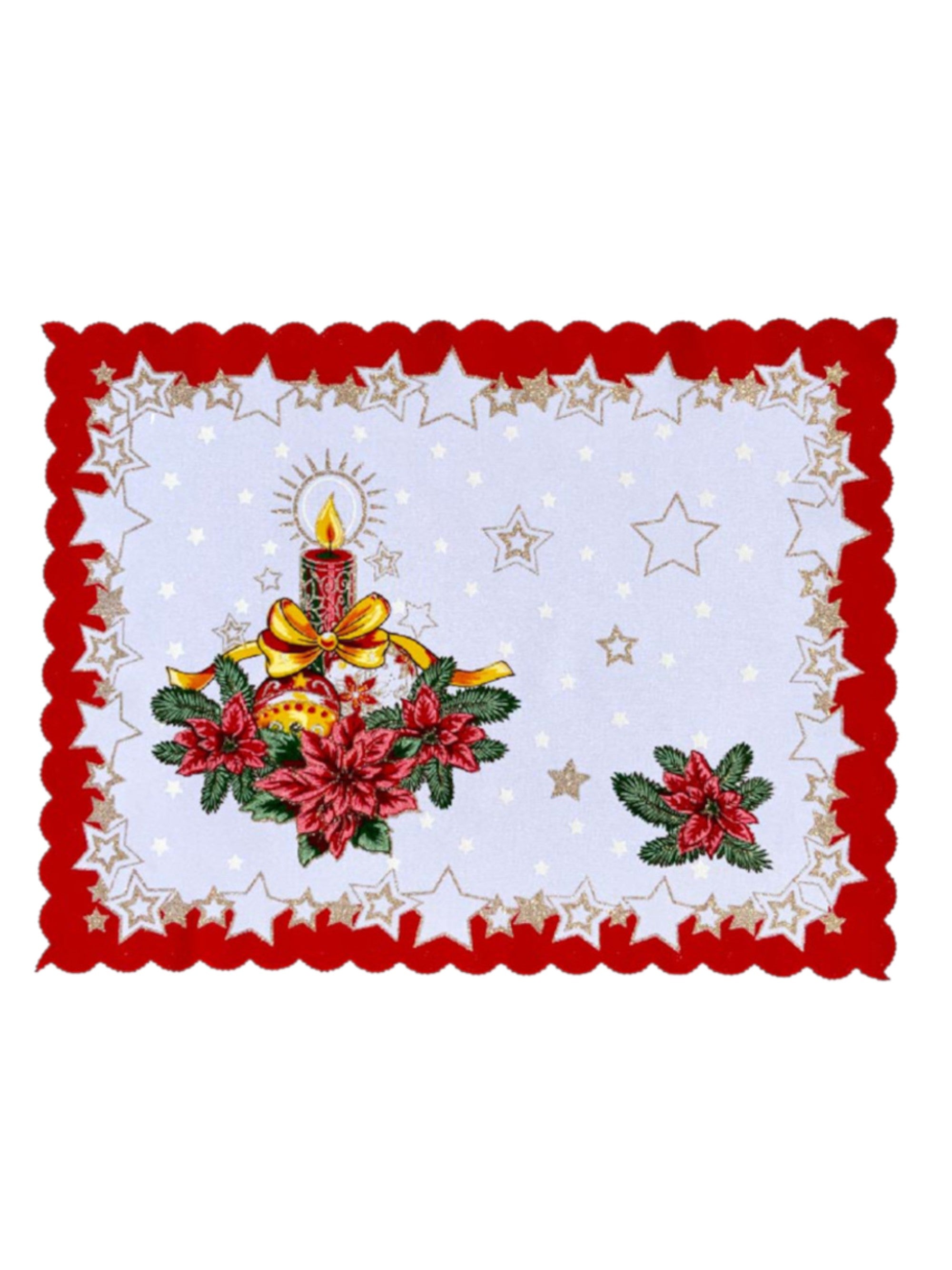 Polish Christmas Ornamental Poinsettia Rectangular Table Doily 13"x 17" (Red)