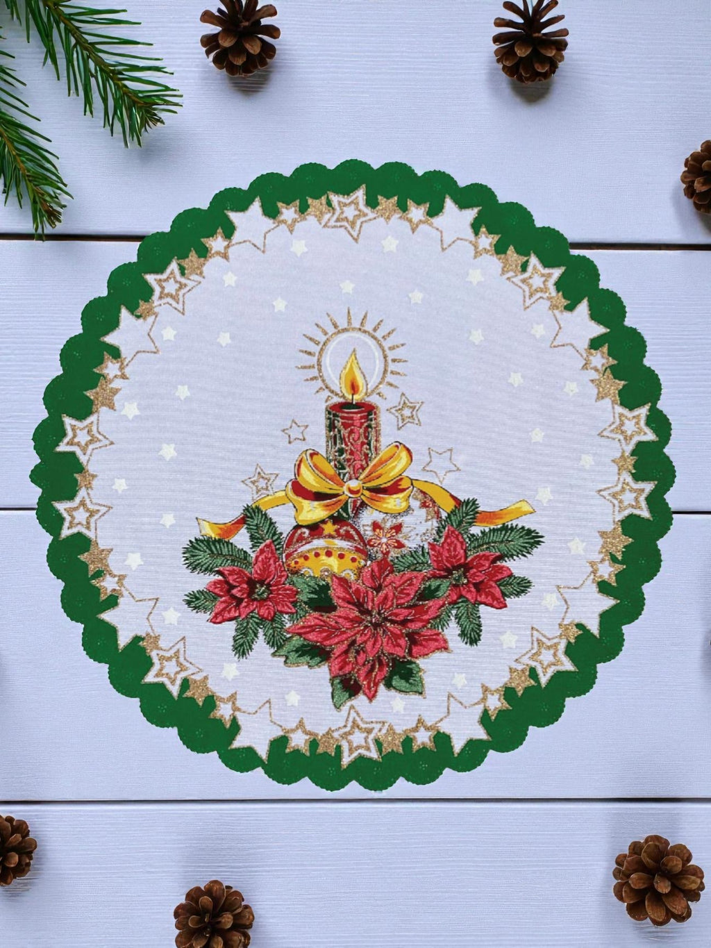 Polish Christmas Ornamental Poinsettia Round Table Doily 14"x 14" (Green)