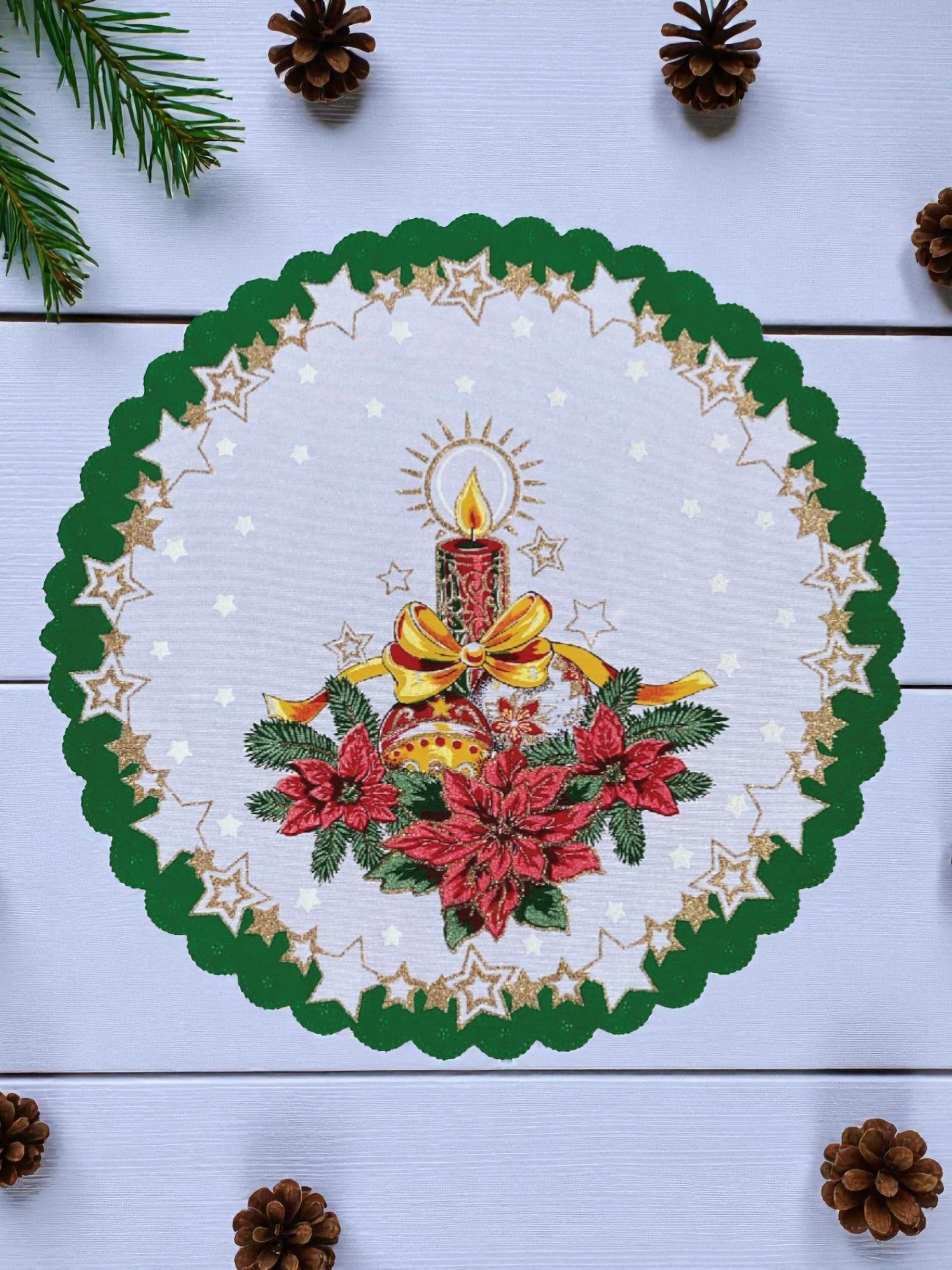 Polish Christmas Ornamental Poinsettia Round Table Doily 14"x 14" (Green)