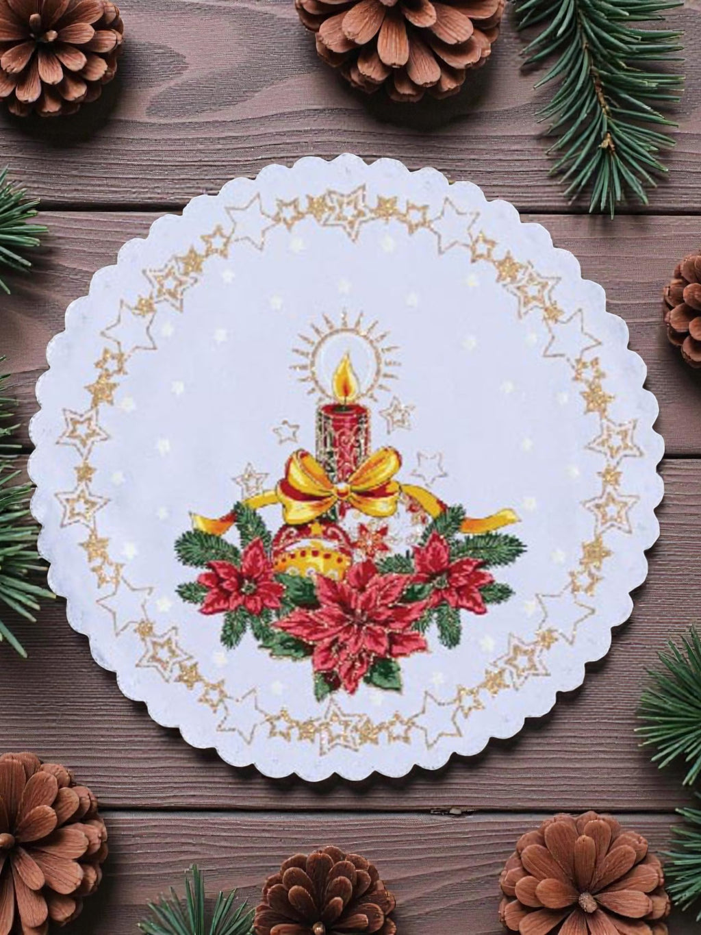 Polish Christmas Ornamental Poinsettia Round Table Doily 14"x 14" (White)