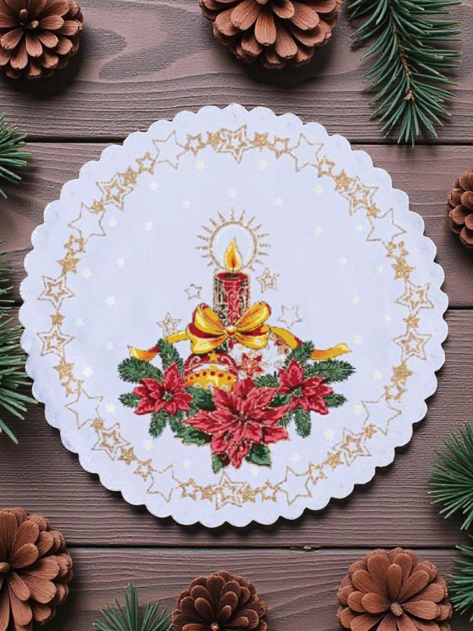 Polish Christmas Ornamental Poinsettia Round Table Doily 14"x 14" (White)
