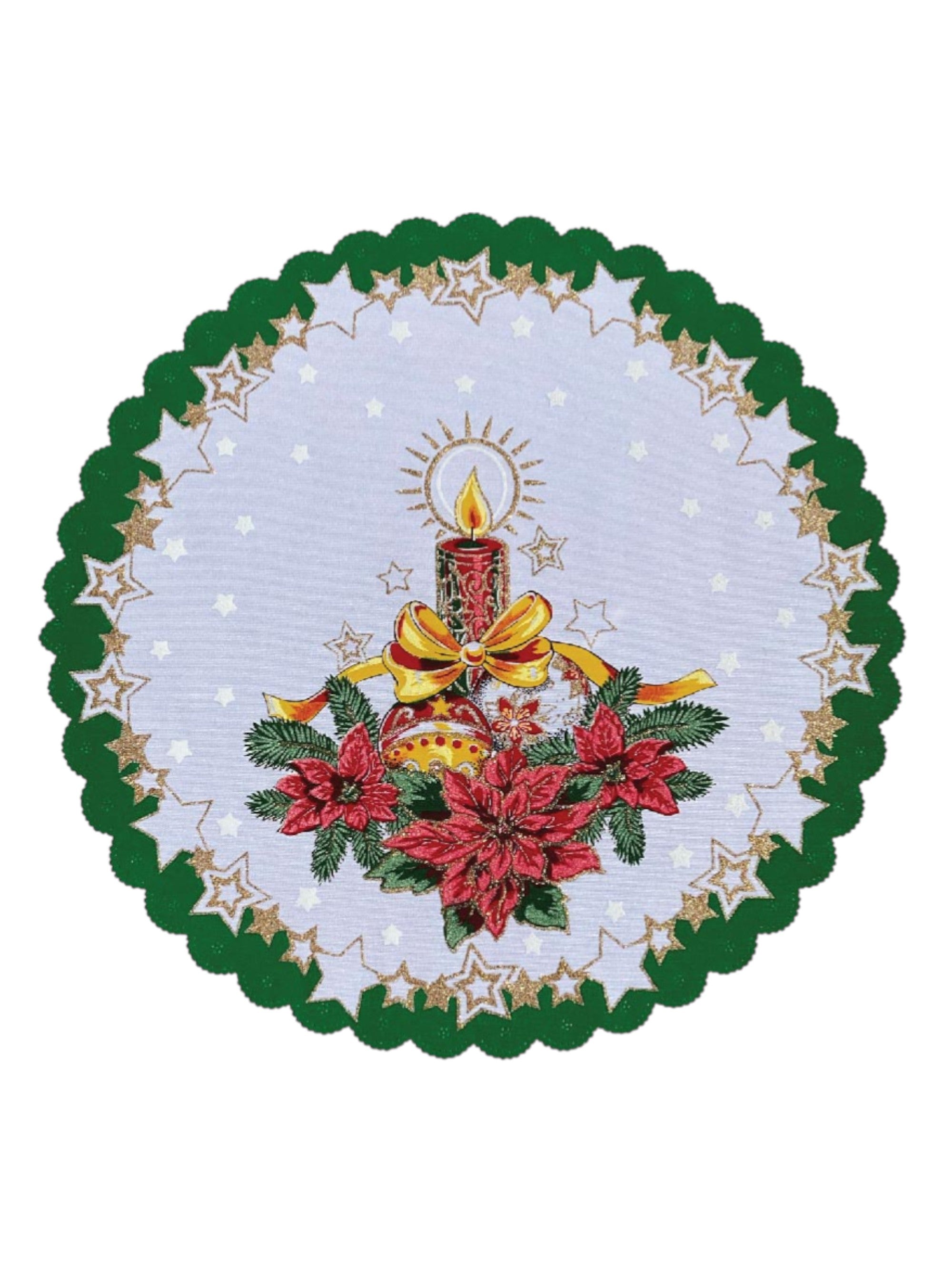 Polish Christmas Ornamental Poinsettia Round Table Doily 14"x 14" (Green)