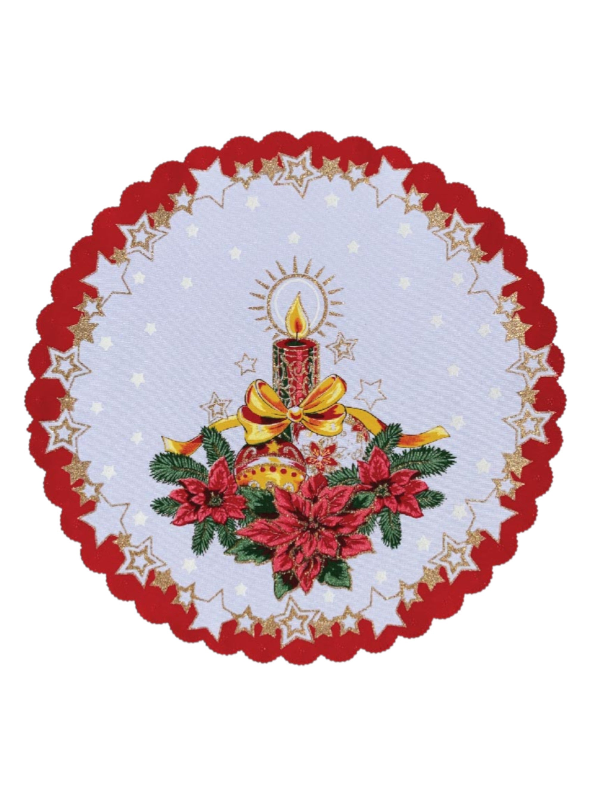 Polish Christmas Ornamental Poinsettia Round Table Doily 14"x 14" (Red)
