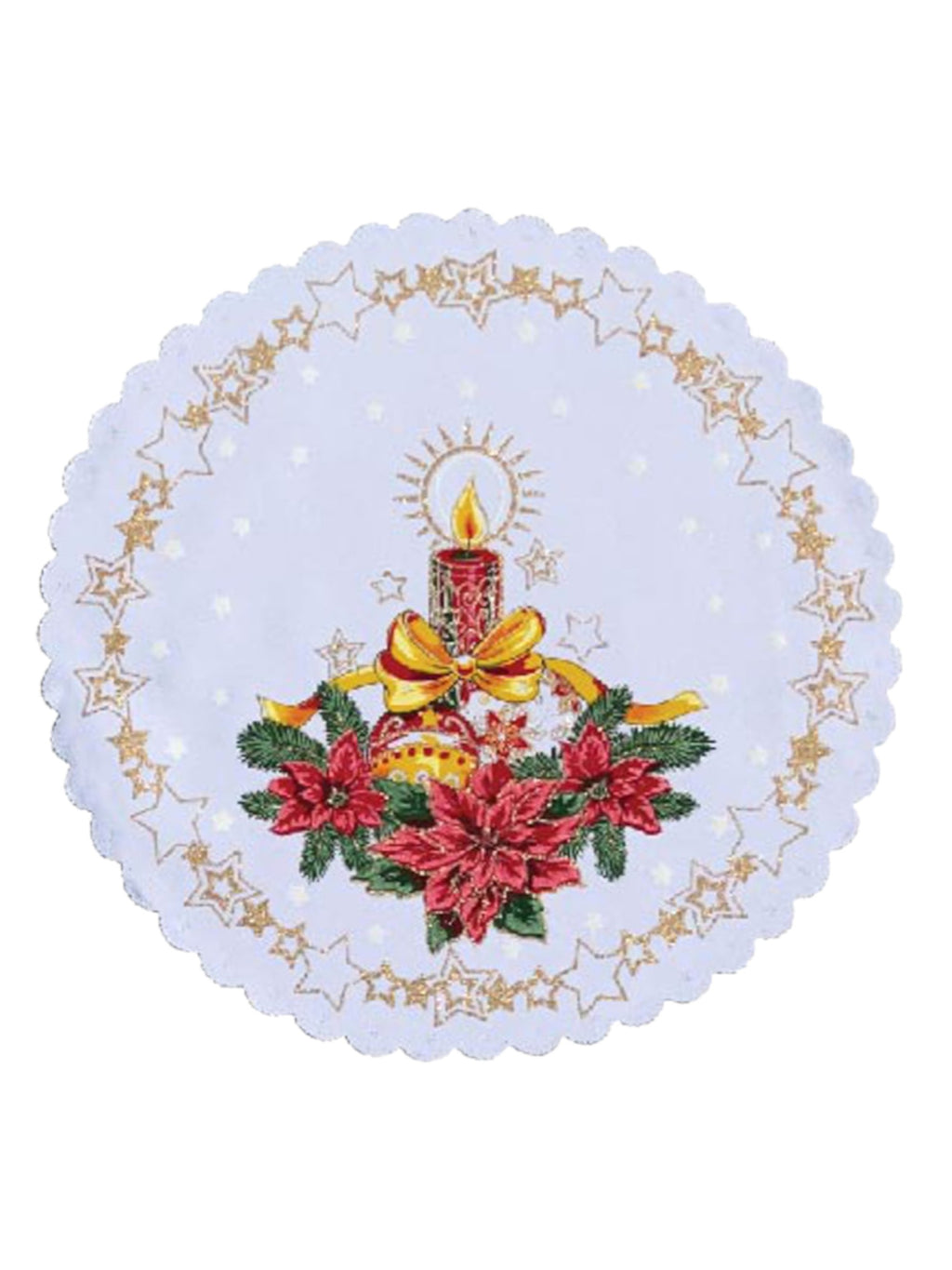 Polish Christmas Ornamental Poinsettia Round Table Doily 14"x 14" (White)
