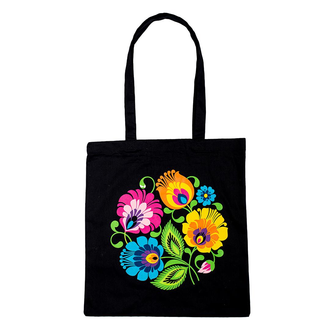 Polish Folk Art Floral Cotton Tote Bag (Black Lowicz)
