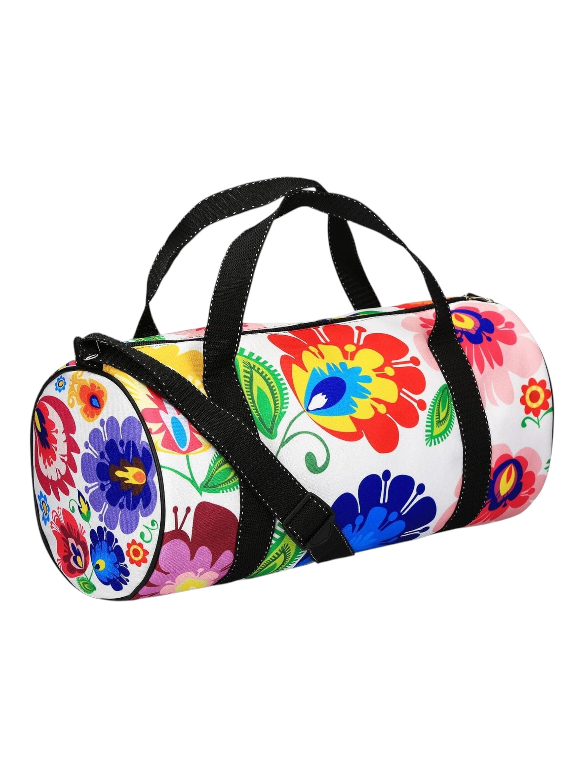 Polish Folk Art Floral Sport Duffel Bag, Lowicz White
